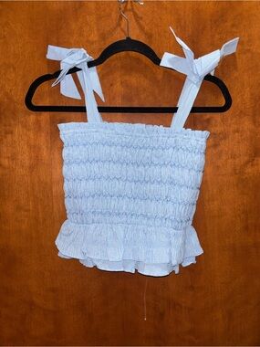 Smocked Tie-Shoulder Crop Top in Light Blue